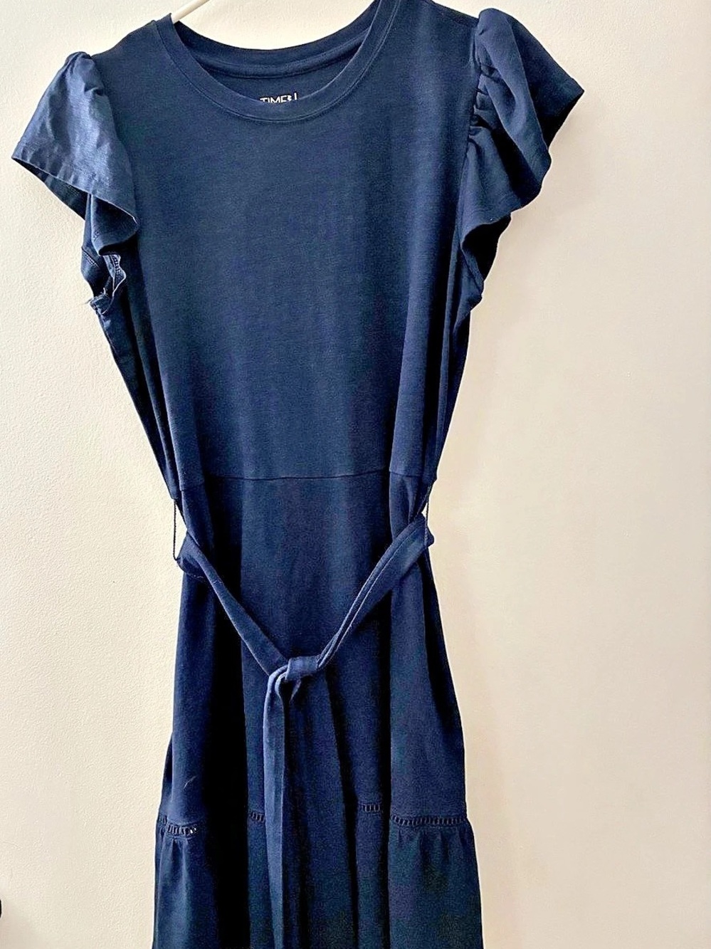 Time and Tru Women's Belted Mini Dress with Flutter Sleeves Blue Medium